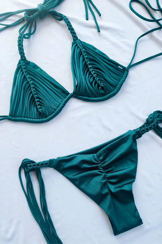 Luxe Ruched Brazilian Bikini Set – Stylish Two-Piece with Braided Rope Tassel Detail for the Ultimate Summer Beach Vibe